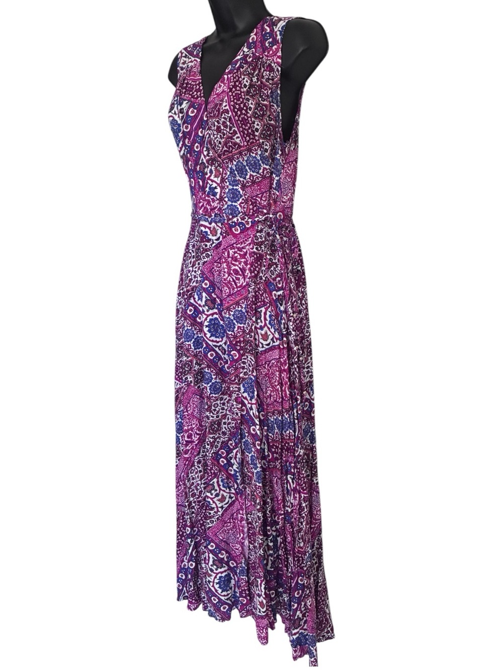 Calvin Klein Boho Patchwork Purple Blue Pink Paisley Faux Wrap Maxi Dress Sz 10 - Picture 3 of 10